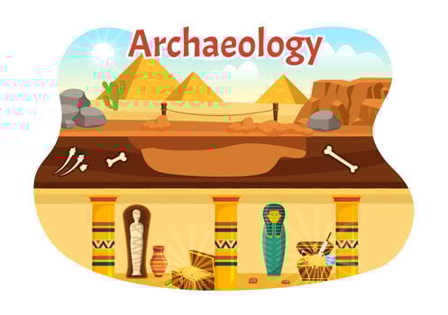 Archeology Illustration with Archaeological Excavation of ancient Ruins, Artifacts and Dinosaurs Fossil in Flat Cartoon Hand Drawn Templates vector