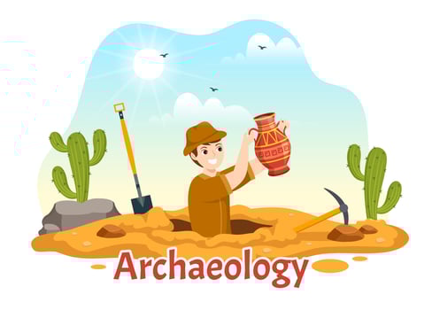 Archeology Illustration with Archaeological Excavation of ancient Ruins, Artifacts and Dinosaurs Fossil in Flat Cartoon Hand Drawn Templates vector