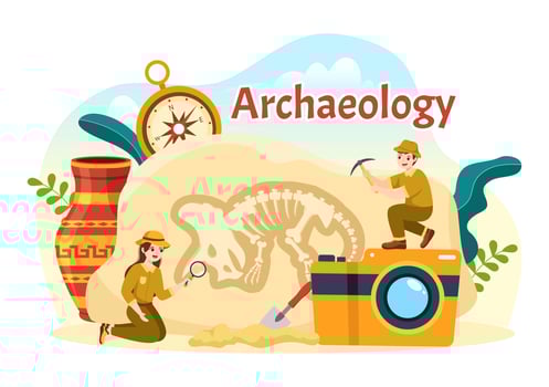 Archeology Illustration with Archaeological Excavation of ancient Ruins, Artifacts and Dinosaurs Fossil in Flat Cartoon Hand Drawn Templates vector