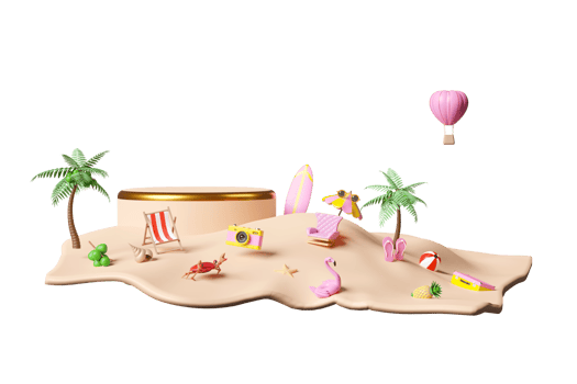3d cylinder stage podium empty with surfboard, beach, palm, coconut tree, island, camera, umbrella, suitcase, sandals isolated. shopping summer sale concept, 3d render illustration png
