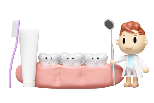 miniature cartoon character dentist 3d with dentist mirror, toothbrush, gums, dental molar, check for cavities, dental examination of the dentist, health of white teeth, oral care 3d render png