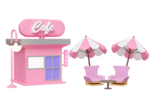 shop store cafe 3d with label open, coffee table, umbrella, sofa chair isolated. summer travel, 3d render illustration png