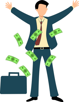 businessman under rain of banknotes. businessman with paper money Businessman and money icon. Rich business man. businessman with lots of money. money making businessman png