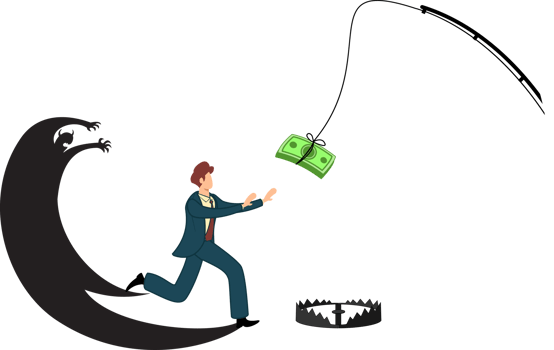 money trap concept businessman reach to money dollar with fishing hook. businessman frightened with his own shadow png