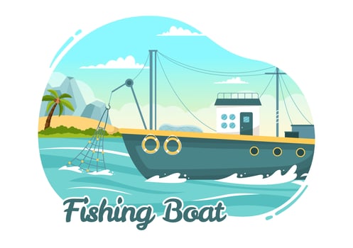 Fishing Boat Illustration with Fishermen Hunting Fish Using Ship for Web Banner or Landing Page in Flat Cartoon Hand Drawn Vector Templates