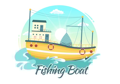 Fishing Boat Illustration with Fishermen Hunting Fish Using Ship for Web Banner or Landing Page in Flat Cartoon Hand Drawn Vector Templates