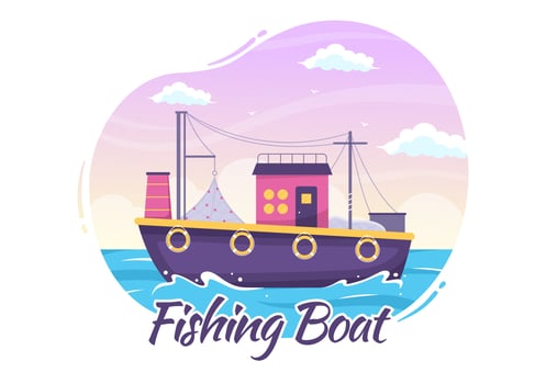 Fishing Boat Illustration with Fishermen Hunting Fish Using Ship for Web Banner or Landing Page in Flat Cartoon Hand Drawn Vector Templates