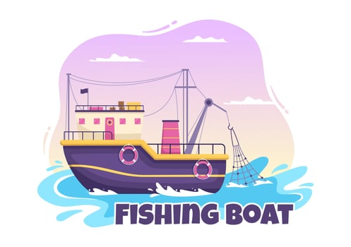 Fishing Boat Illustration with Fishermen Hunting Fish Using Ship for Web Banner or Landing Page in Flat Cartoon Hand Drawn Vector Templates