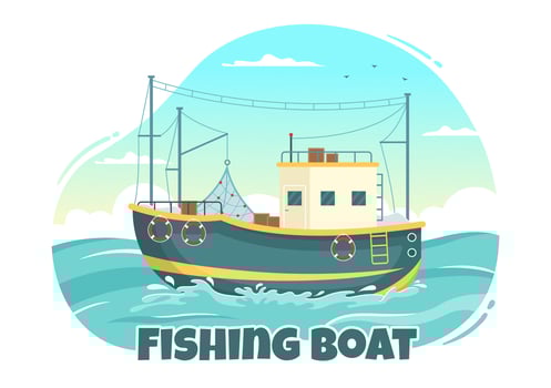 Fishing Boat Illustration with Fishermen Hunting Fish Using Ship for Web Banner or Landing Page in Flat Cartoon Hand Drawn Vector Templates