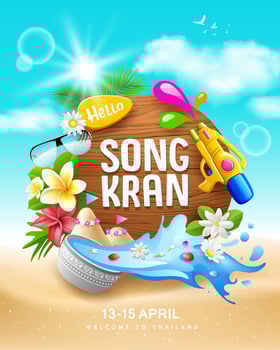 Songkran festival thailand, on wood sign this flower summer, water in bowl water splash, poster design on sand cloud and sky background, EPS 10 vector illustration