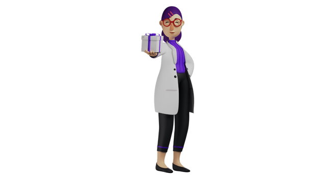 3D illustration. Doctor 3D Cartoon Character. Beautiful doctor is smiling. Female doctor with pink hairpin. Doctor brings gift box. Romantic doctor distributing gifts. 3D Cartoon Character png