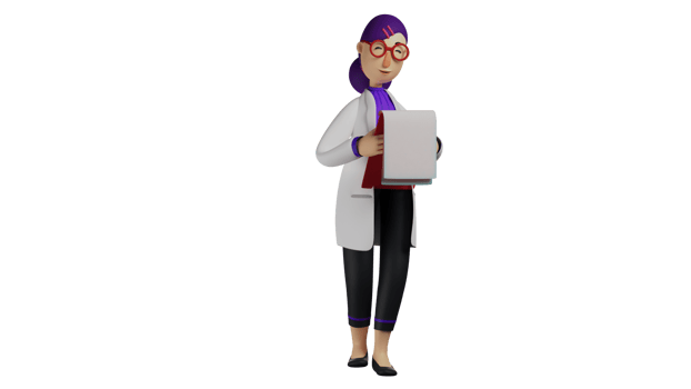 3D illustration. Female Doctor 3D Cartoon Character. Diligent doctor taking notes. Doctor checks her work. Beautiful doctor doing her job in hospital. 3D Cartoon Character png