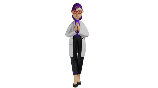 3D illustration. Young Doctor 3D Cartoon Character. The beautiful doctor cupped her hands in front of her chest. The doctor smiled very sweetly. Cute doctor is welcoming patient. 3D Cartoon Character png