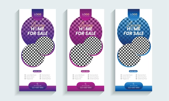 Home sell Real Estate roll up banner or cover design template, Vertical, Horizontal and luxury background with standard size, Modern and luxury property, home or house sale advertising post. vector