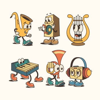 Hand drawn retro cartoon musical instruments collection vector
