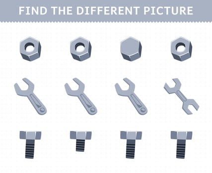 Education game for children find the different picture in each row of cute cartoon nut spanner bolt printable tool worksheet vector