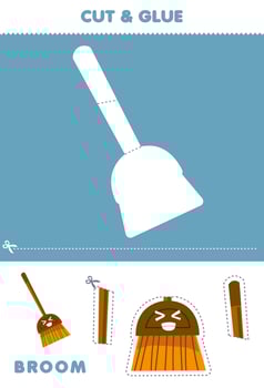 Education game for children cut and glue puzzle of cute cartoon broom picture printable tool worksheet vector