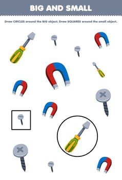 Education game for children arrange by size big or small by drawing circle and square of cute cartoon magnet screw screwdriver printable tool worksheet vector