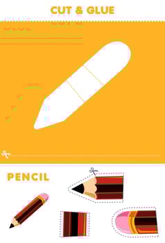 Education game for children cut and glue puzzle of cute cartoon pencil picture printable tool worksheet vector