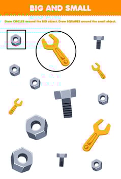 Education game for children arrange by size big or small by drawing circle and square of cute cartoon nut bolt wrench printable tool worksheet vector