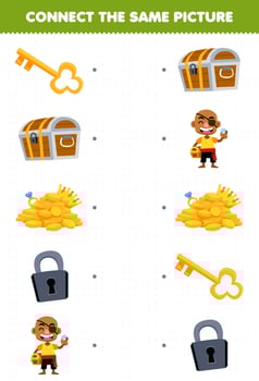 Education game for children connect the same picture of cartoon treasure chest padlock key printable pirate worksheet vector
