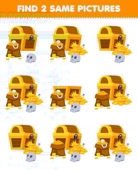 Education game for children find two same pictures of cute cartoon treasure printable pirate worksheet vector