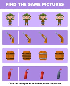 Education game for children find the same picture in each row of cute cartoon man gun barrel and dynamite printable pirate worksheet vector