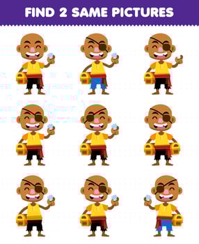 Education game for children find two same pictures of cute cartoon bald man printable pirate worksheet vector