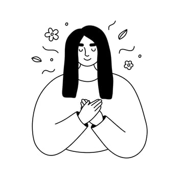 Happy woman feel confident, relax, accept and love herself. Acceptance concept. Feeling self love, bliss, harmony, positive emotion. Linear vector illustration