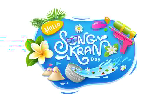 Songkran day, water in bowl water splash, water gun this thailand flower summer, design on blue background, EPS 10 vector illustration