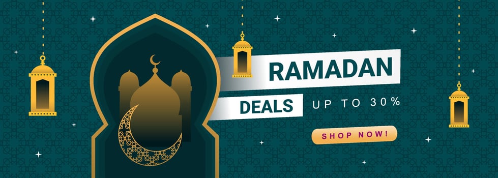 Ramadan sale banner background with window, lantern and mosque. vector
