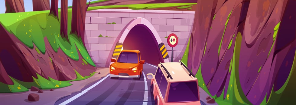 Vector tunnel road in mountain, oncoming car sign