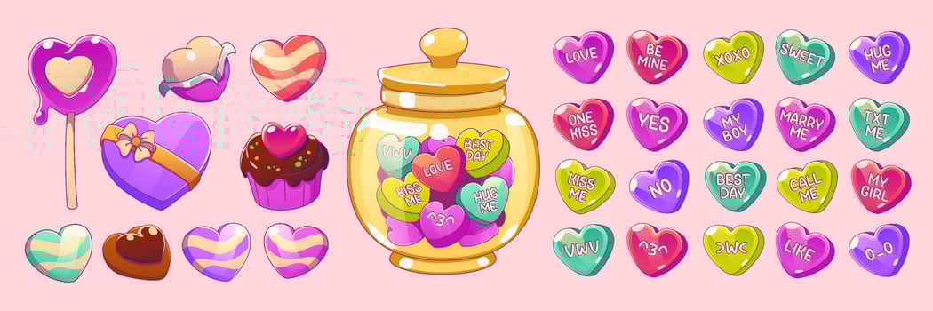 Valentine day heart candies, conversation sweets vector