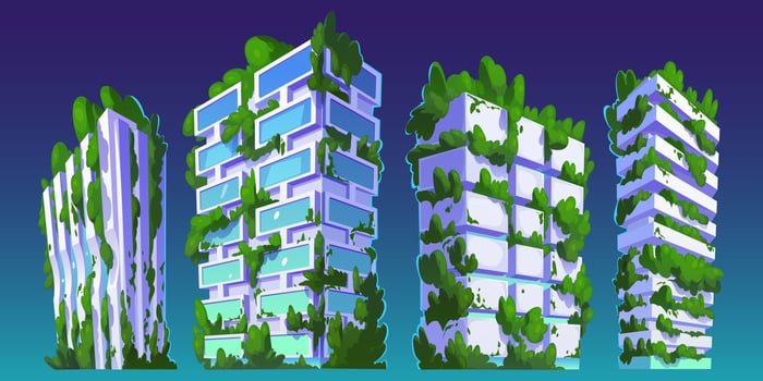 Set of futuristic eco buildings isolated on blue vector