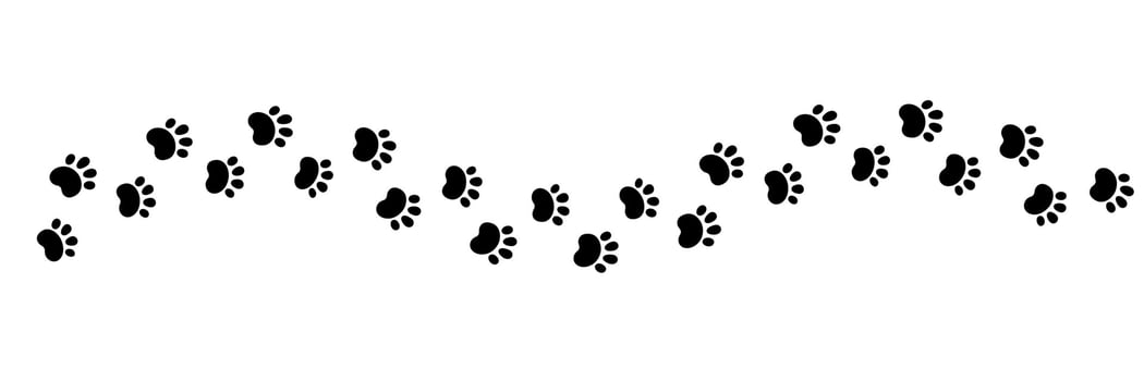 Dog paw print wave line. Cute cat pawprint. Pet foot trail. Black dog step silhouette. Simple doodle drawing. Vector illustration isolated on white background