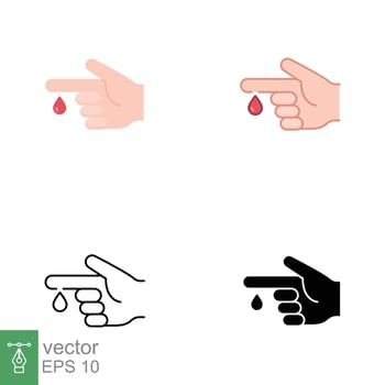 Blood on finger icons in different style. Vector people hand injured isolated symbol. Glucose, insulin test, diabetes concept. Designed in filled outline, line, flat, glyph and solid style. EPS 10.