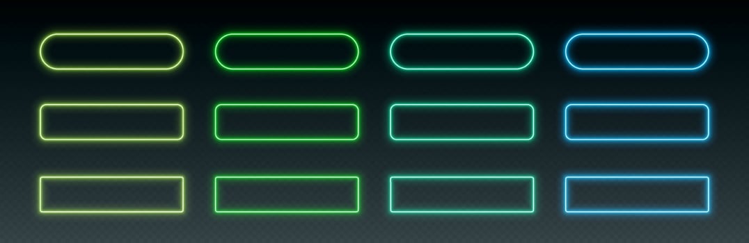 Neon button frames, coloful glowing borders, isolated UI elements. vector