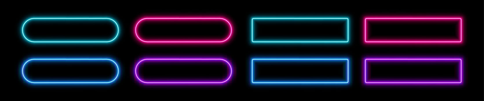 Neon button frames, coloful glowing borders, isolated UI elements. vector