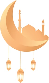 golden mosque behind 3d shiny crescent moon and beautiful lantern for islamic icon and element for ramadan kareem vector