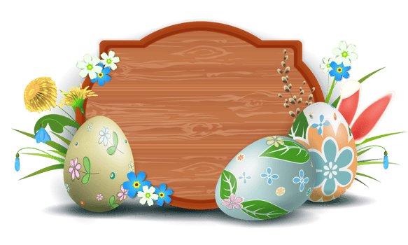 Easter composition with eggs and rabbit ears, spring flowers with willow twig and grass. png