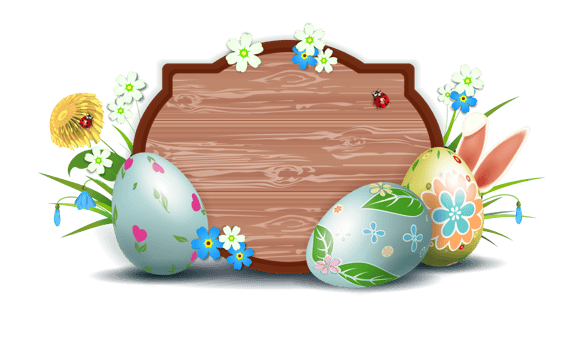 Easter illustration with a curly frame, eggs with a pattern, grass with flowers. png