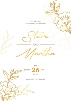Minimalist wedding invitation template with gold hand drawn floral vector
