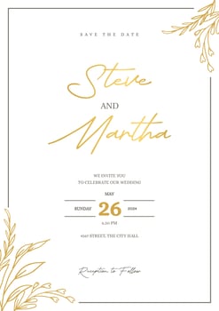 Minimalist wedding invitation template with gold hand drawn floral vector