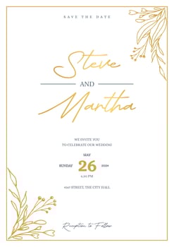 Minimalist wedding invitation template with gold hand drawn floral vector