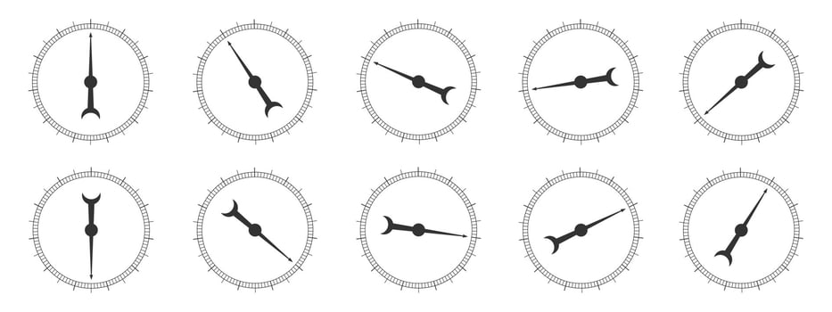 Set of round measuring scales with rotating arrows. Collection of 360 degree of barometer, compass, protractor, circular ruler tool template vector