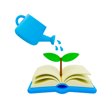3d minimal development of learning. Watering can watering the plants growing out of the book. 3d rendering illustration. png