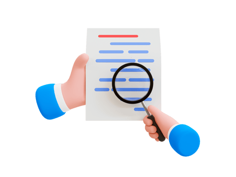 3d minimal document scanning. file reviewing concept. hand holding magnifying glass examining paperwork. 3d rendering illustration. png