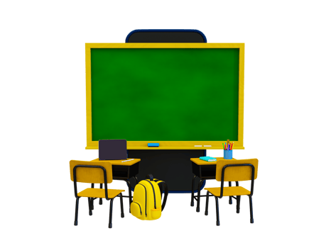 3d minimal online classroom. e-learning concept. blank school blackboard on a smartphone screen, table, chair, and educational supplies. 3d rendering illustration. png