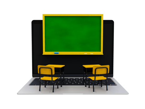 3d minimal online classroom. E-learning concept. blank school blackboard on a laptop screen, table, chair, and educational supplies. 3d rendering illustration. png