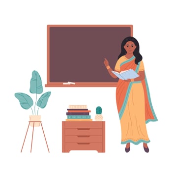 Indian female teacher at classroom near blackboard. Back to school. Education, lecture and lesson at school. vector